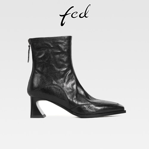 fed复古手抓羊皮粗跟瘦瘦短靴女