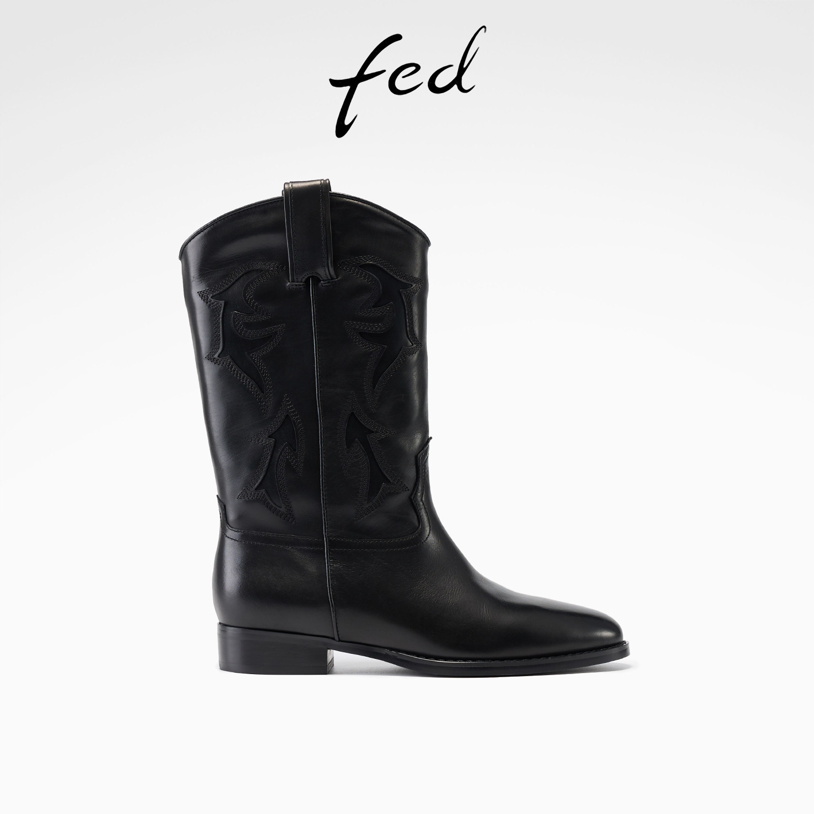 fed刺绣西部靴冬季新款女靴粗跟骑士靴真皮黑色中筒靴女款FDG132