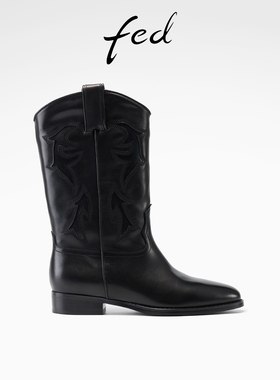 fed刺绣西部靴冬季新款女靴粗跟骑士靴真皮黑色中筒靴女款FDG132