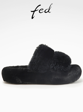 fed黑色毛毛拖鞋冬季新款女鞋外出拖鞋保暖一字拖女款D1015-YA680