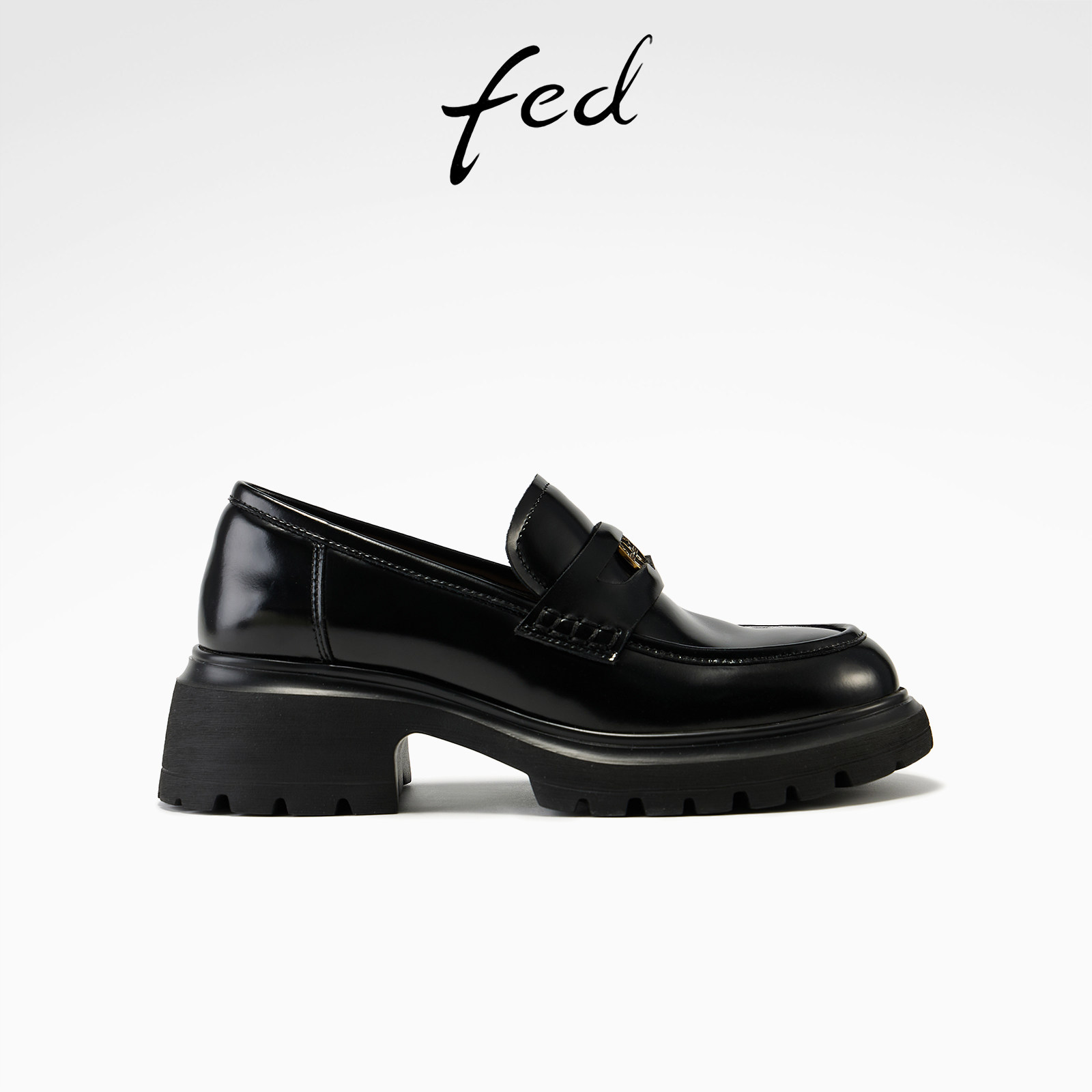 fed黑色小皮鞋春季新款女鞋黑巧出逃单鞋厚底金币乐福鞋女ZCA335