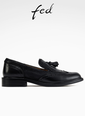 fed雕花乐福鞋秋季新款女鞋布洛克单鞋黑色小皮鞋女款S0905-YA836