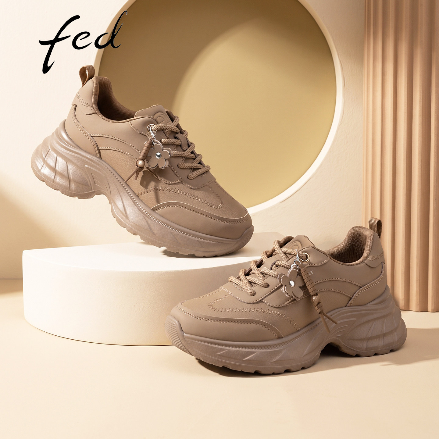 fed真皮绒面厚底增高老爹鞋女