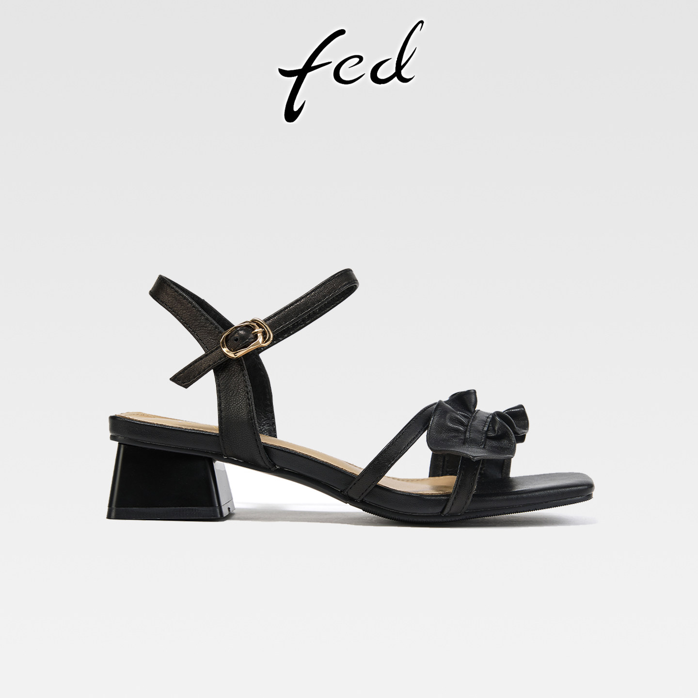 fed黑色褶皱蝴蝶结一字带凉鞋女