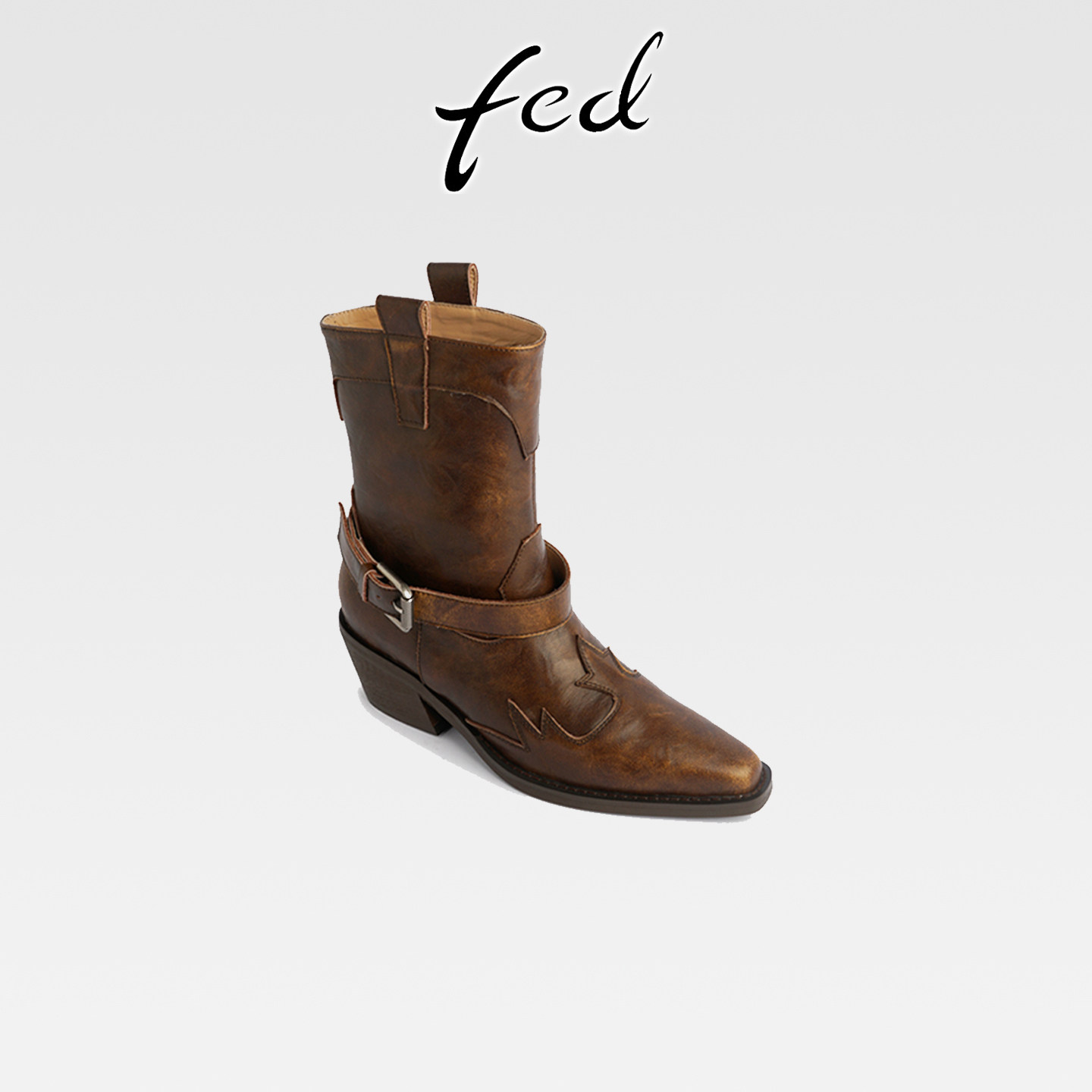 fed做旧西部中筒女靴尖头粗跟