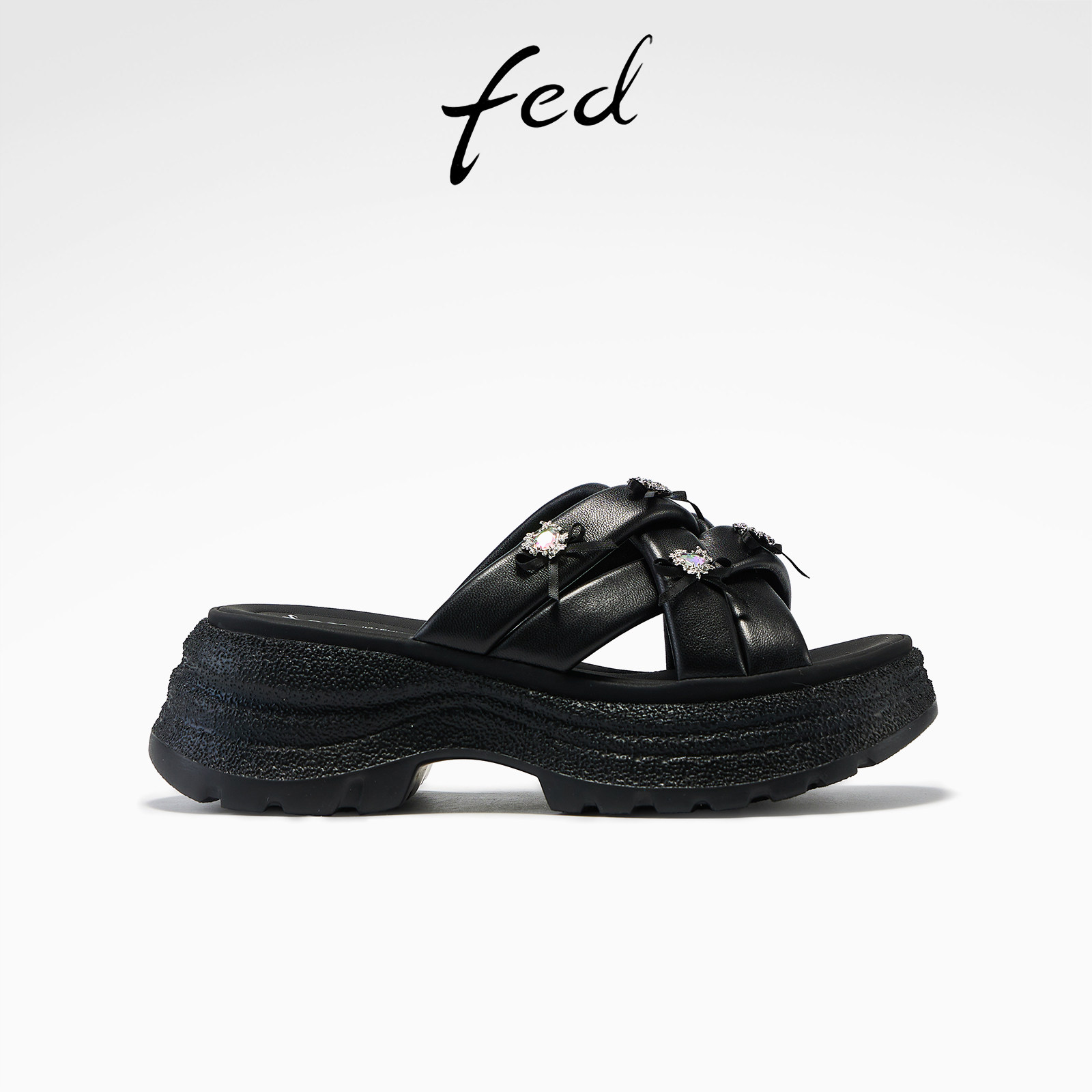 fed时尚黑色厚底凉拖夏季新款女鞋透气舒适增高一字拖女款YA895