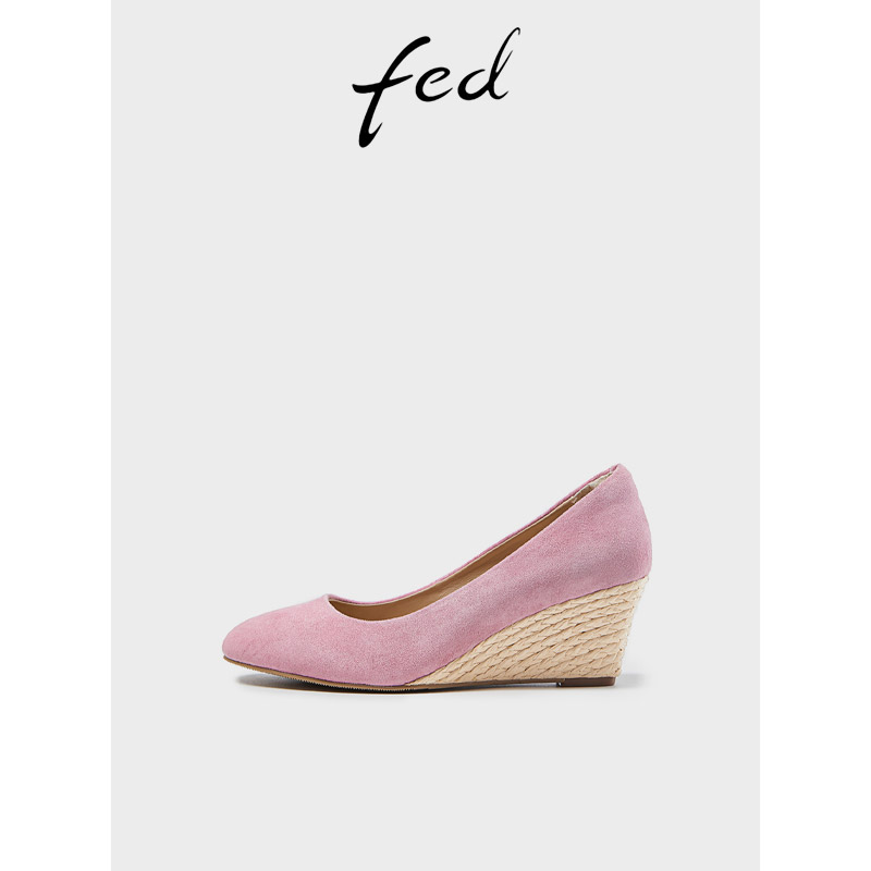 fed坡跟高跟鞋2023年春季新款女鞋浅口法式粉色单鞋R0225-YAC030