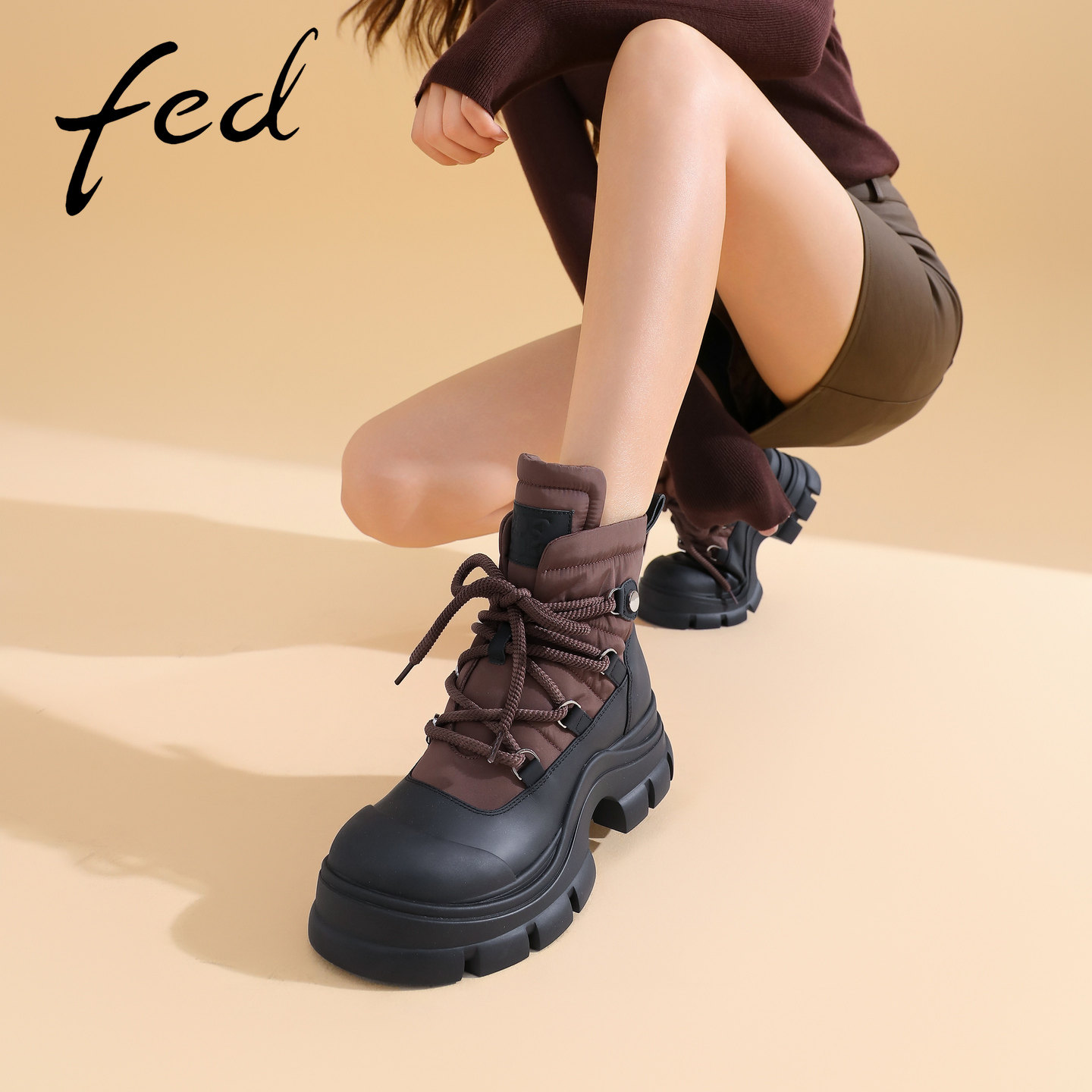 fed棕黑厚底登山靴系带工装短靴