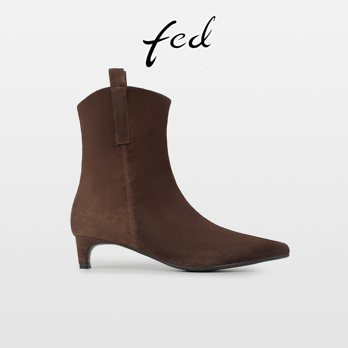fed法式复古真皮细跟瘦瘦西部靴女秋冬新款气质尖头中跟通勤短靴