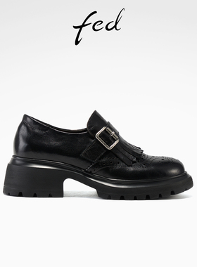 fed玄翎止步乐福鞋春季新款女鞋厚底单鞋黑色真皮布洛克鞋女ZC082