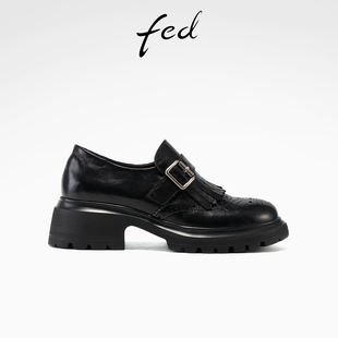 fed玄翎止步乐福鞋春季新款女鞋厚底单鞋黑色真皮布洛克鞋女ZC082