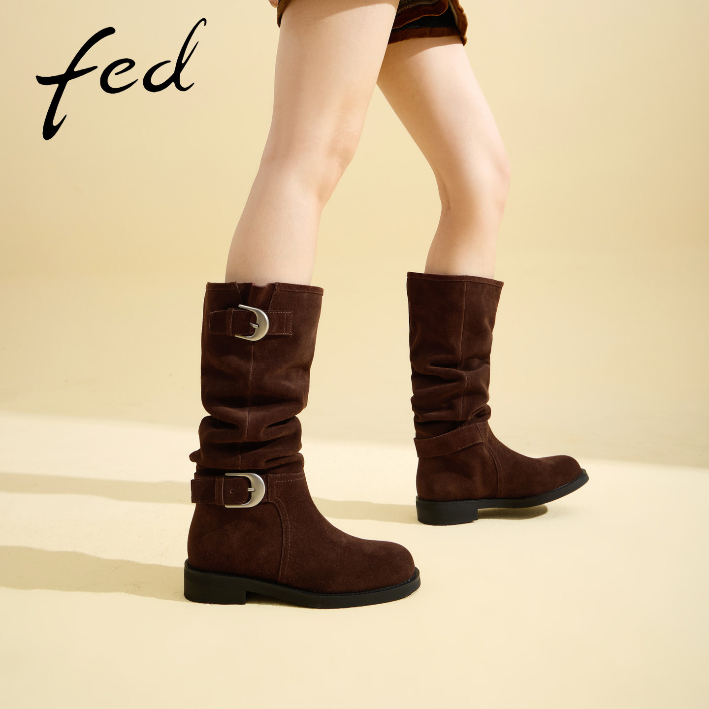 fed棕色绒面扣饰堆堆长筒靴女