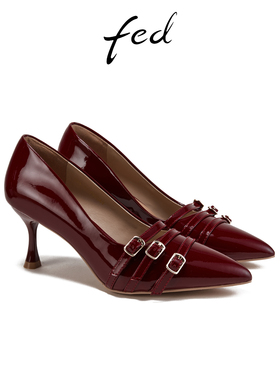 fed尖头高跟鞋春季新款女鞋酒红色单鞋皮带扣真皮鞋S0306-YSA305