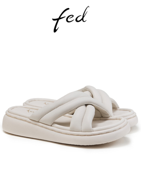fed厚底凉拖鞋夏季新款女鞋交叉带一字拖白色拖鞋女S0327-YAB776