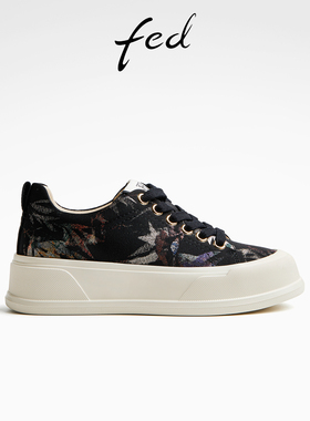 fed低帮帆布鞋女秋季新款女鞋厚底板鞋黑色休闲鞋女款D0807-YA096