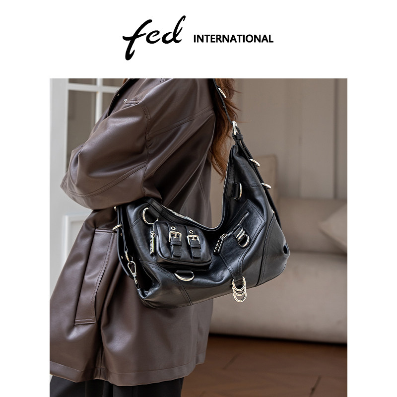 fed植鞣皮头层牛皮真皮女包机车包腋下单肩斜挎女士包包BFA94
