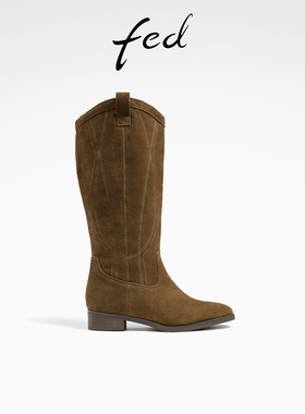 fed复古长靴冬季新款靴子绒面时装靴西部牛仔靴女款R1027-ZCA327