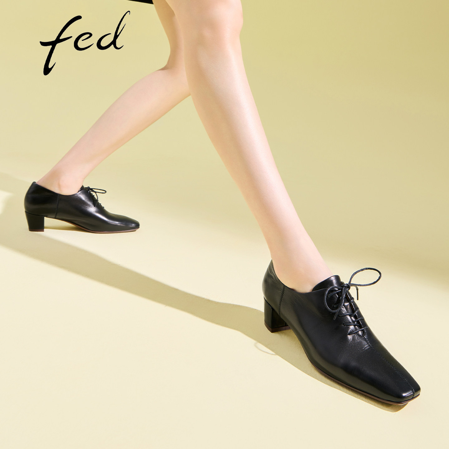 fed真皮方头粗跟增高德比鞋女