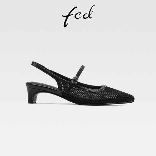 夏季新款包头后空网状镂空中跟鞋