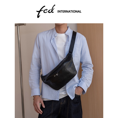 fed牛皮大容量通勤斜挎腰包