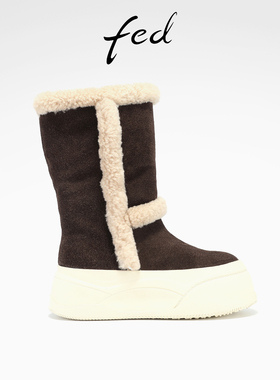 fed厚底雪地靴女冬季新款女靴保暖中筒靴磨砂增高棉靴女款DLG585