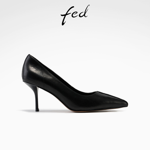 fed黑色高跟鞋春季新款女鞋墨影长行单鞋职业细跟真皮鞋女款YA022