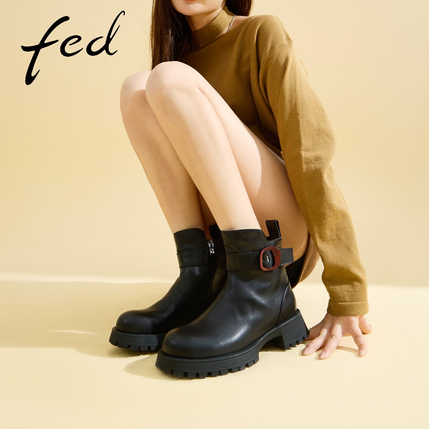fed真皮复古时装靴女款秋冬圆头