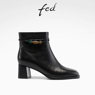 S1104 fed串珠时装 女靴方头小短靴粗跟真皮靴女款 新款 YA071 靴冬季