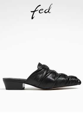 fed黑色包头半拖鞋夏季新款女鞋褶皱凉拖鞋穆勒鞋女款D0401-YA862
