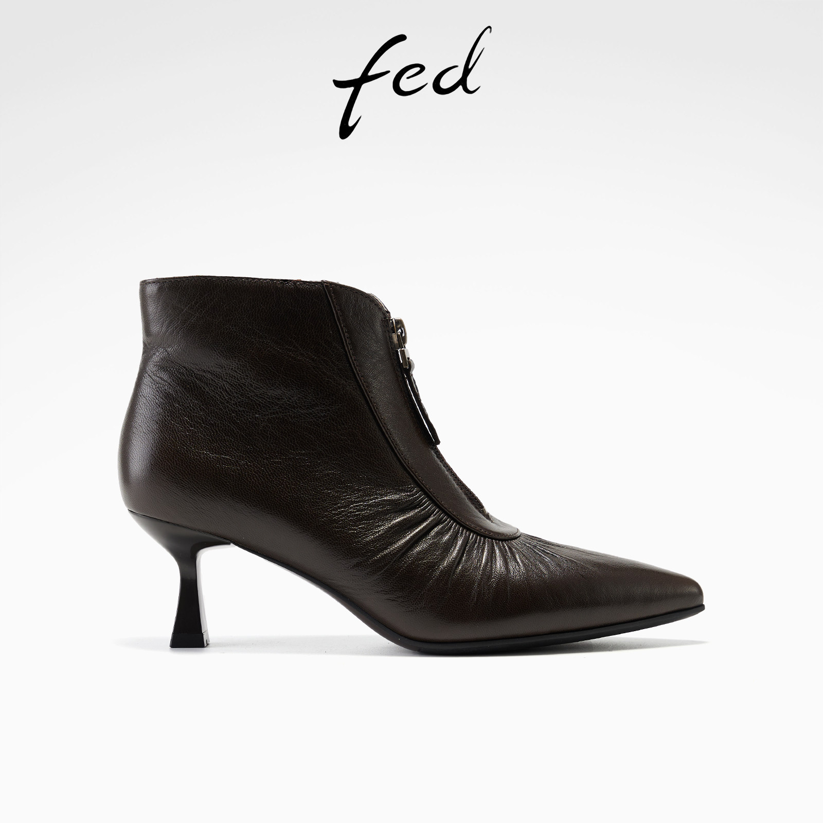 fed尖头时装靴冬季新款女靴高跟短靴褶皱真皮靴女款S1201-ZCA271