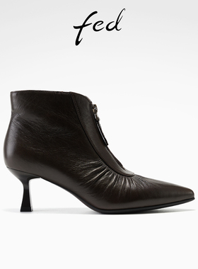 fed尖头时装靴冬季新款女靴高跟短靴褶皱真皮靴女款S1201-ZCA271