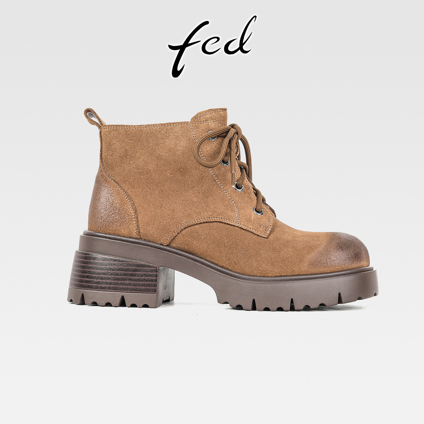fed复古擦色牛反绒粗跟厚底马丁靴女秋冬款百搭圆头高跟系带短靴