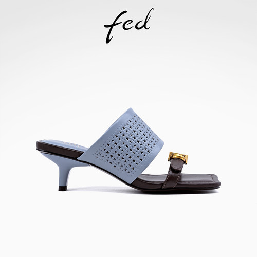 fed时尚镂空编织高跟一字拖