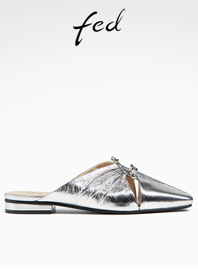 fed银色包头半拖夏季新款女鞋羊皮穆勒鞋粗跟凉拖鞋D0420-ZCA532