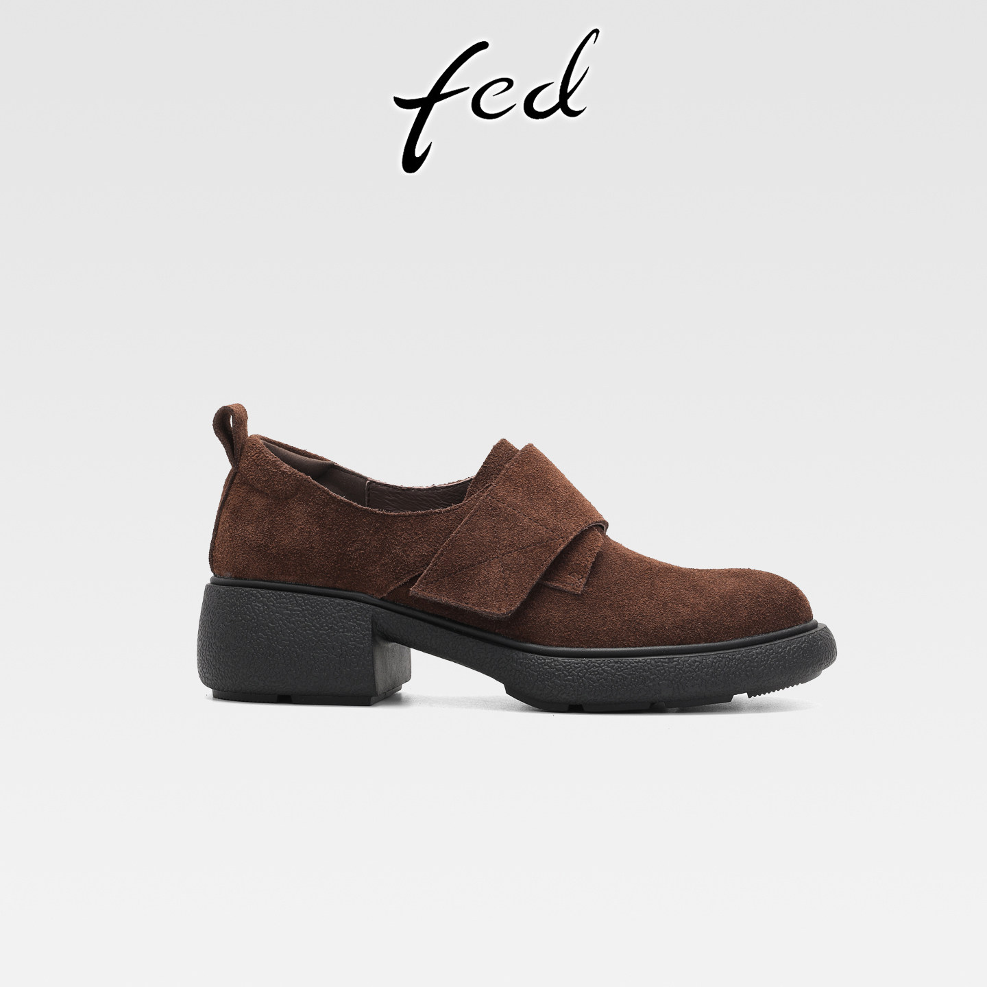 fed英伦风复古真皮粗跟厚底乐福鞋女春秋新款魔术贴圆头深口单鞋