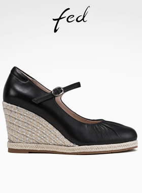 fed浅口单鞋春季新款女鞋坡跟玛丽珍鞋麻边真皮鞋女款S0222-YA012