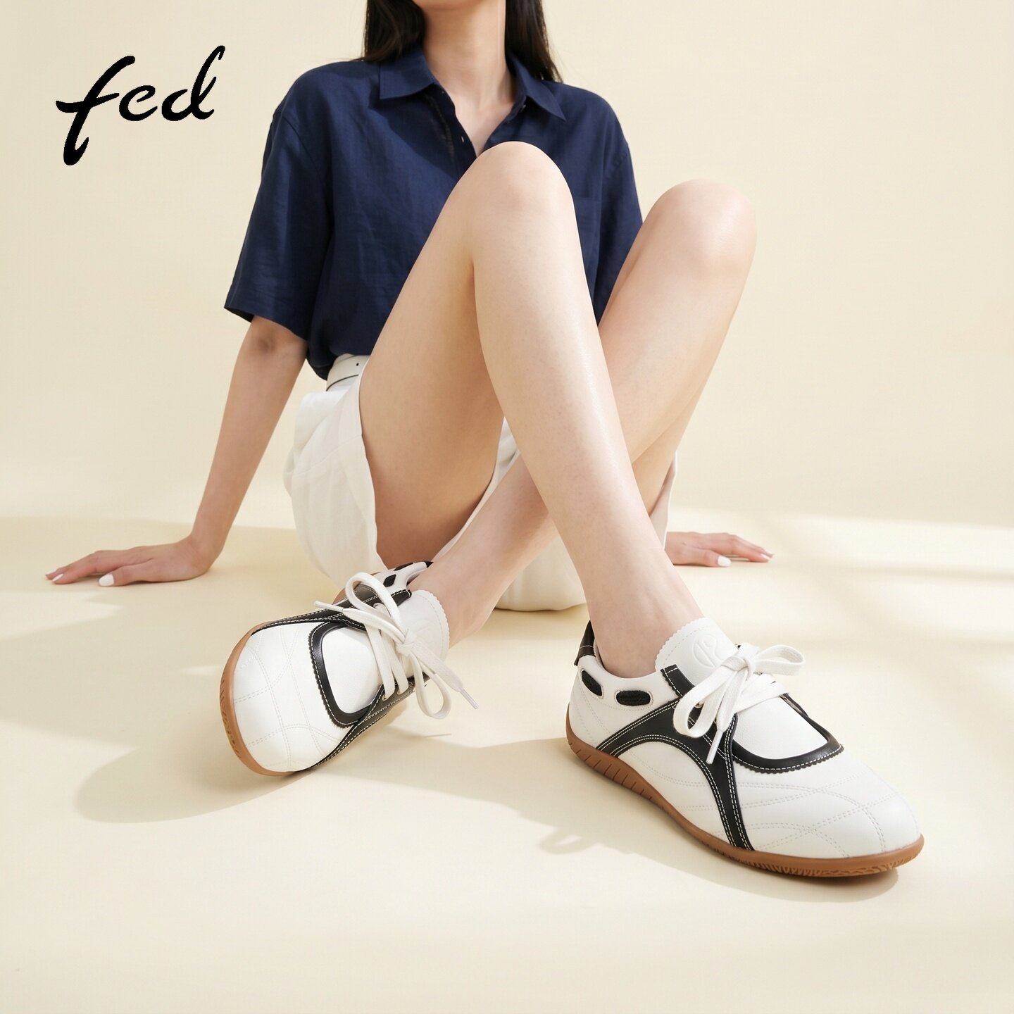 fed平底休闲德训鞋女2026夏季薄款透气小白鞋头层牛皮轻便运动鞋
