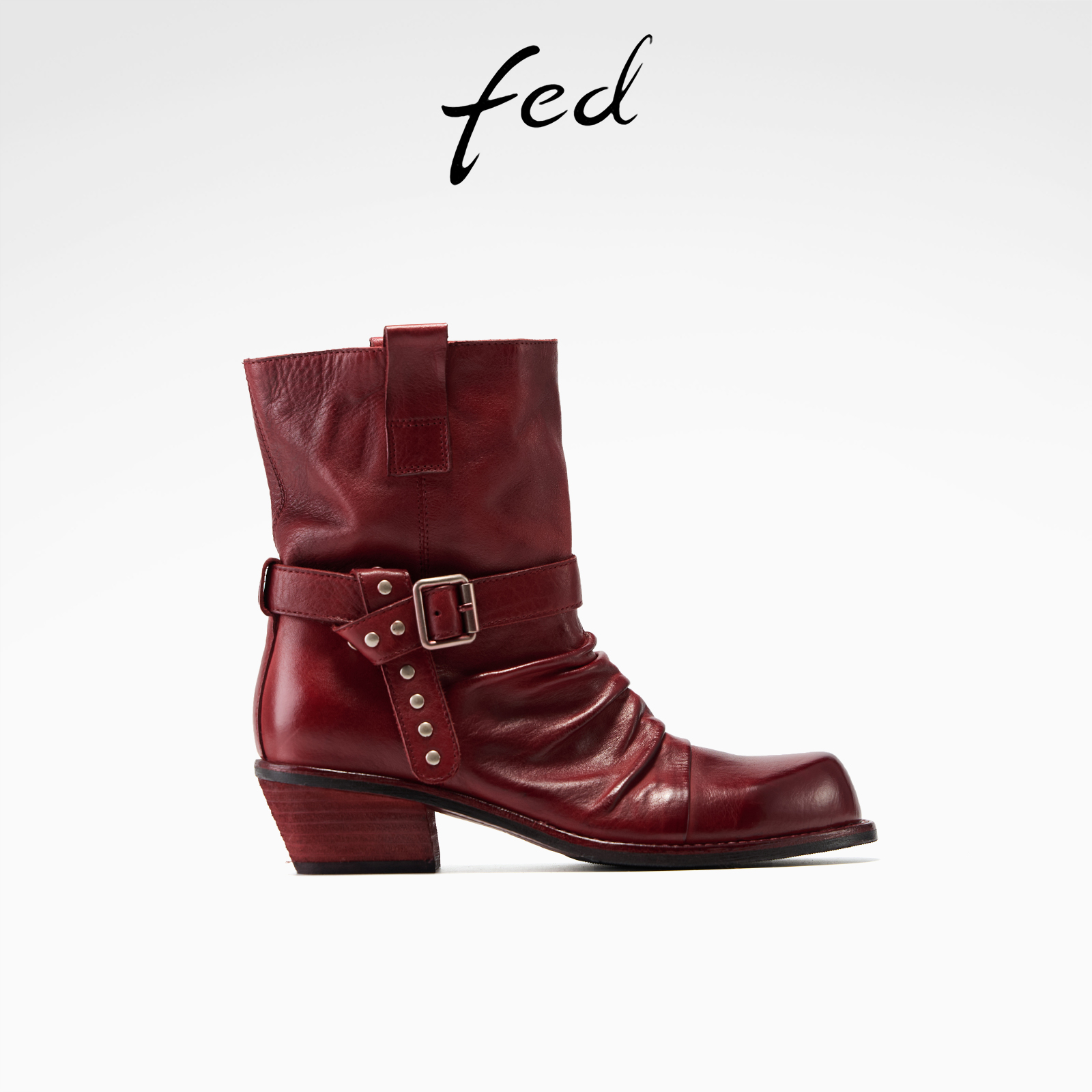 fed红色短靴冬季新款女靴真皮西部靴褶皱时装靴女款S1028-YAB076