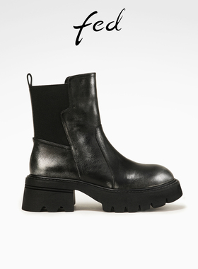 fed厚底烟筒靴冬季新款女靴擦色短靴牛皮切尔西靴女D1029-ZFA175