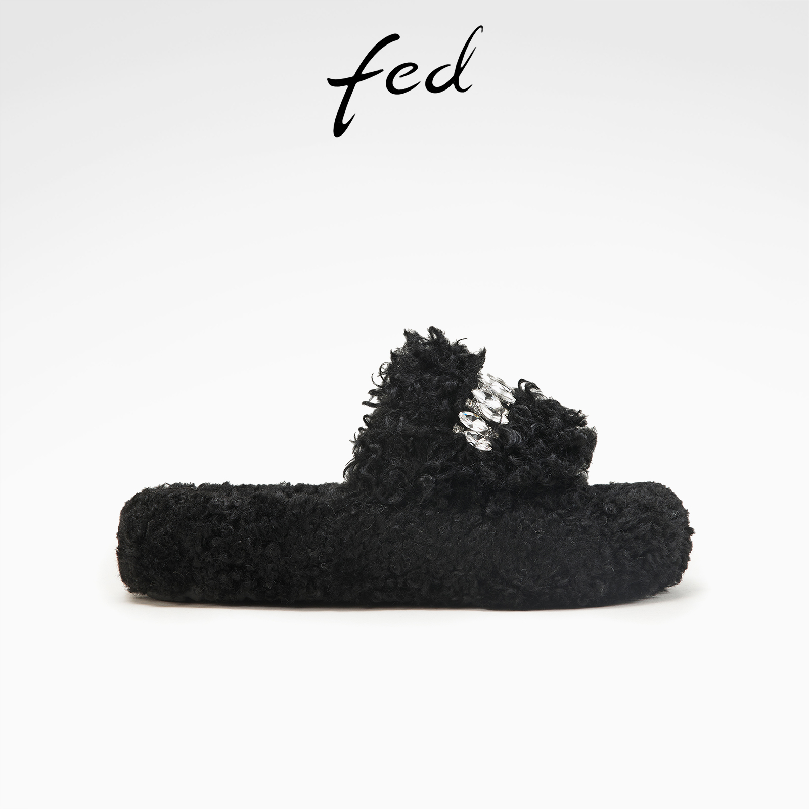 fed厚底毛毛拖鞋冬季新款女鞋黑色外出保暖一字拖女款D1017-YA681