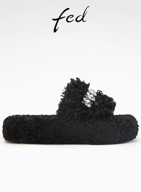 fed厚底毛毛拖鞋冬季新款女鞋黑色外出保暖一字拖女款D1017-YA681