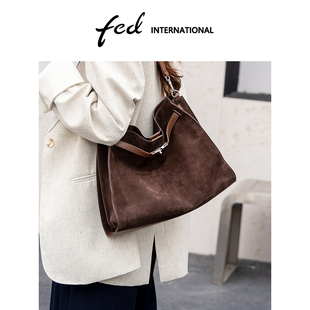 fed麂皮复古反绒磨砂皮托特包凯莉包锁扣手提包单肩斜挎包BFA9482