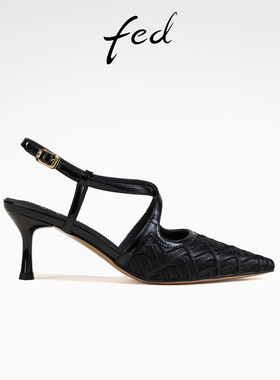 fed黑色包头凉鞋夏季新款女鞋尖头高跟鞋气质皮凉鞋女S0430-ZC601