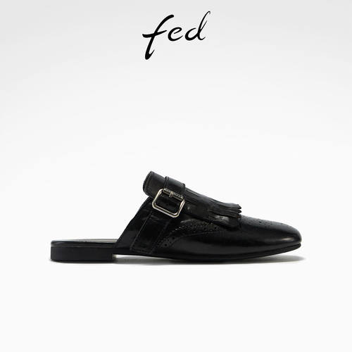 fed黑色休闲凉鞋真皮一脚蹬女鞋