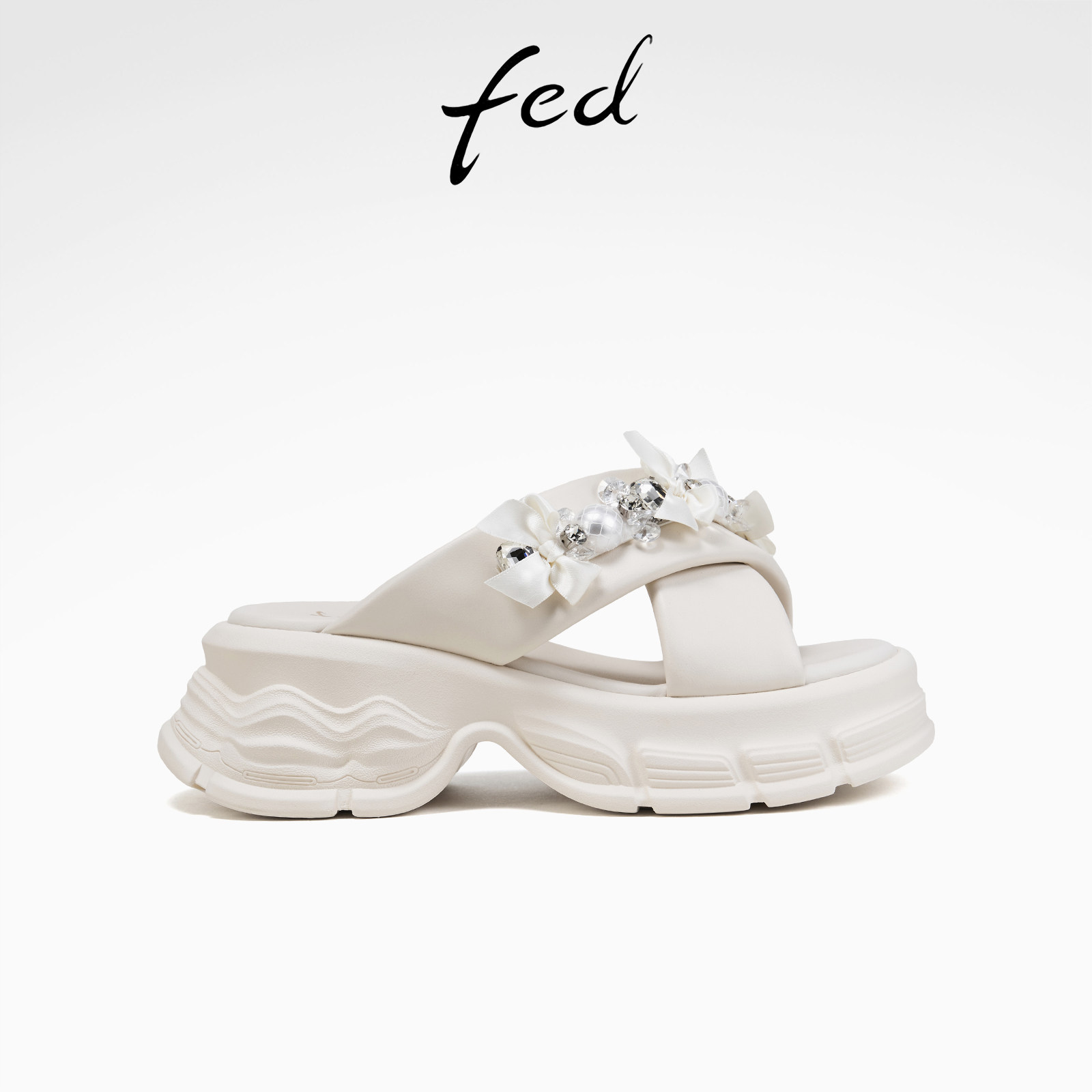 fed白色交叉带蝴蝶结厚底凉拖