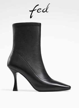 fed高跟短靴女秋季新款女靴黑色时装靴真皮瘦瘦靴女款D0914-YA175