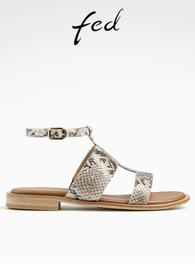 fed平底沙滩鞋夏季新款女鞋复古蛇皮纹罗马凉鞋女款D0514-ZFA395