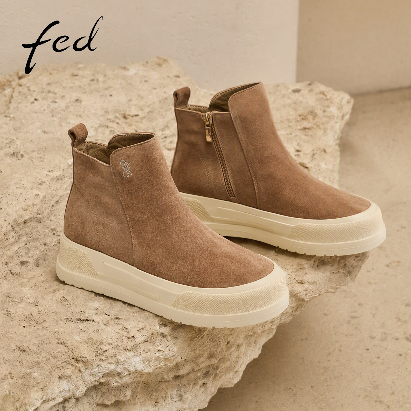 fed厚底短靴女秋冬新款绒面女靴