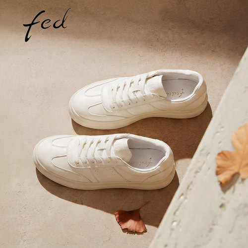 fed真皮厚底增高女小白鞋