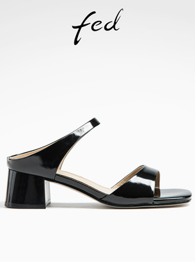 fed粗跟时装凉拖鞋夏季新款女鞋黑色气质中跟拖鞋女款D0701-ZF013